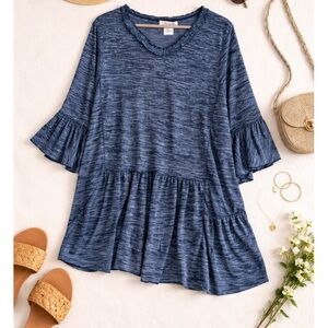 Paisley Vine Tunic Woman XL Blue Ruffle Bell Sleeve Asymmetrical Lagenlook Boho